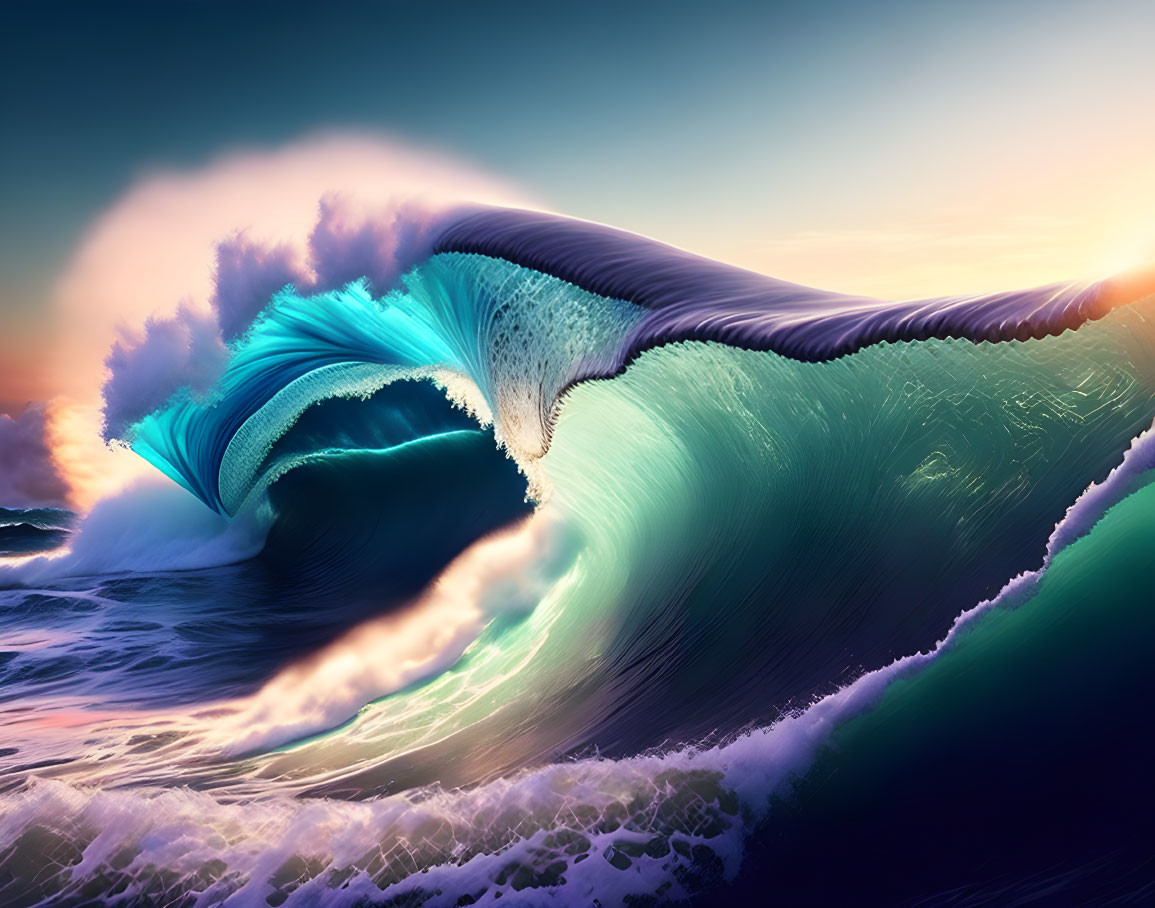 Colorful digital artwork: Large ocean wave under dramatic sunset