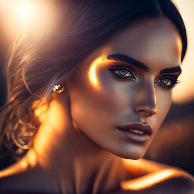 Close-up portrait of woman with glowing skin and striking makeup in golden hour sunlight