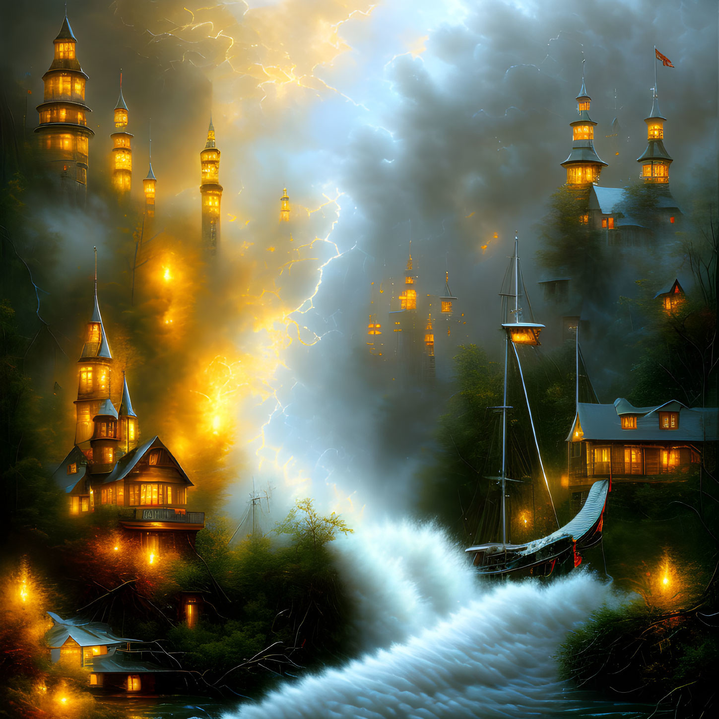 Fantastical illuminated spires with stormy seas and lightning