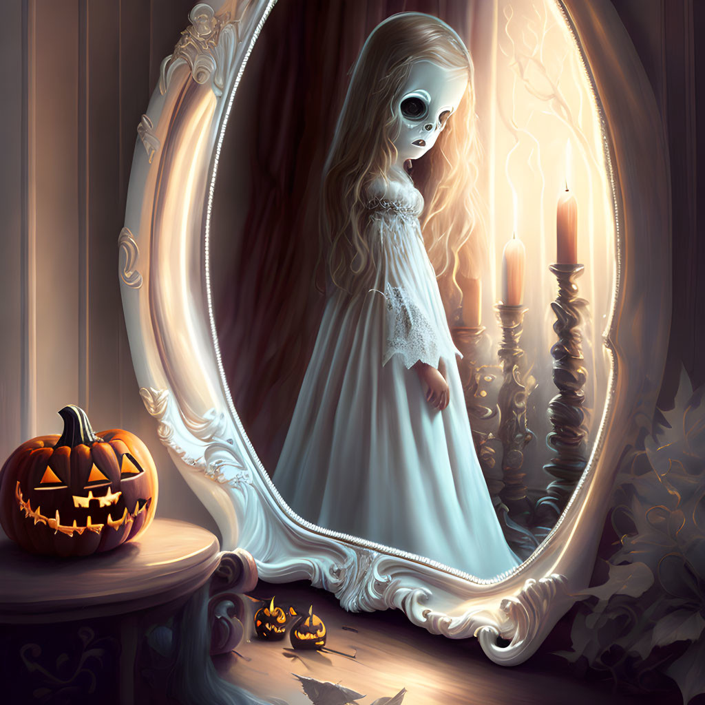 Skull-faced ghostly girl in mirror with candles and pumpkin