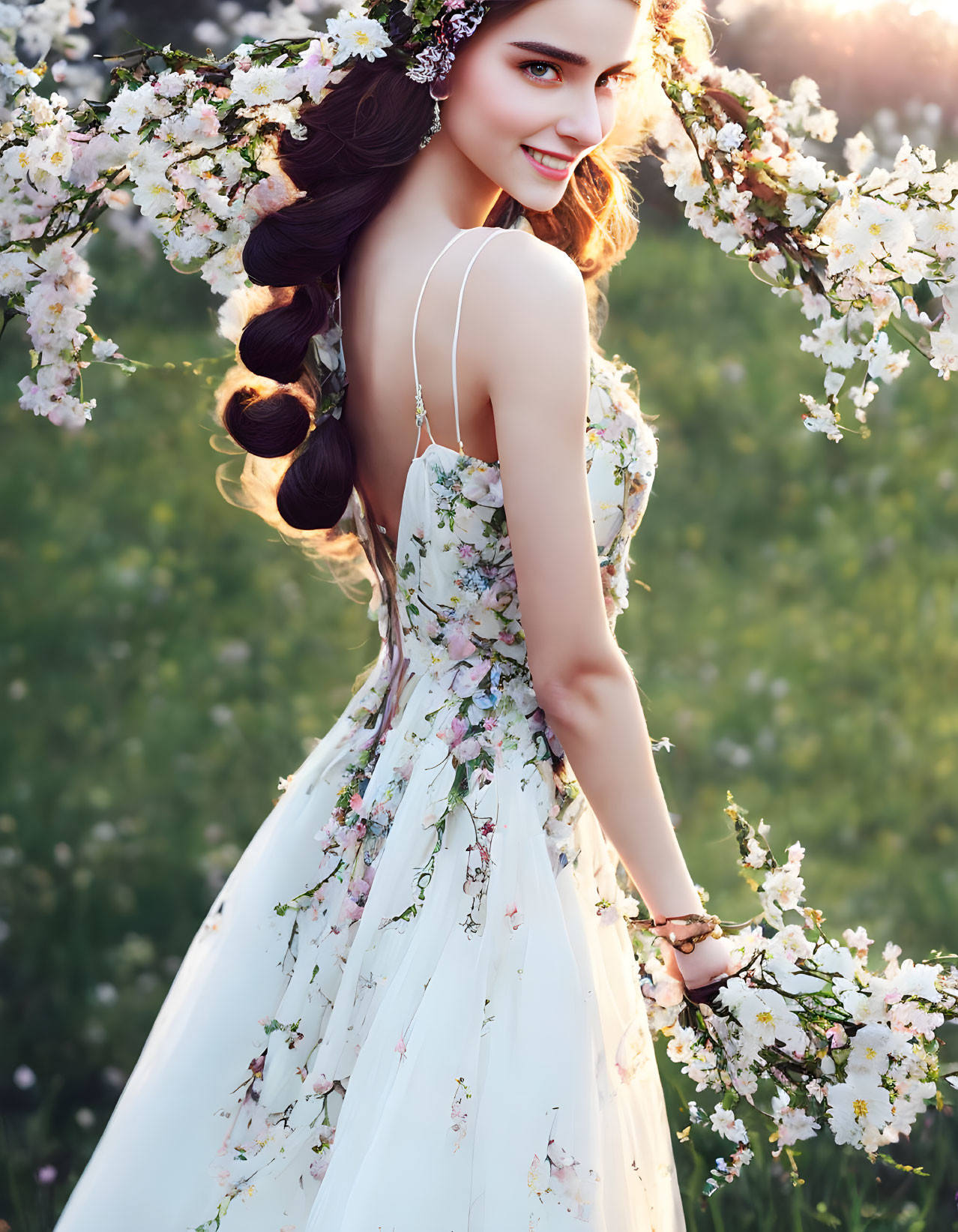 Woman in floral dress smiling among blooming branches in sunlit garden