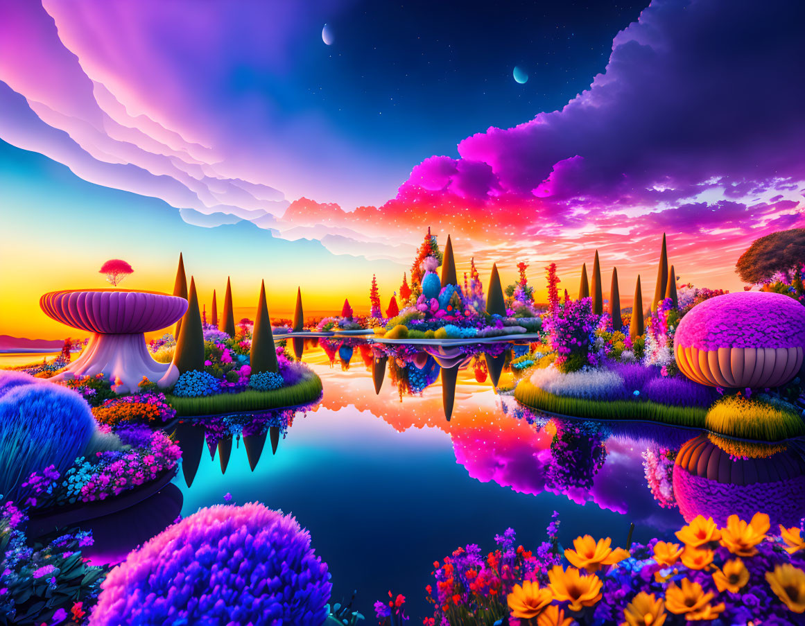 Colorful surreal landscape mirrored on tranquil lake under twilight sky