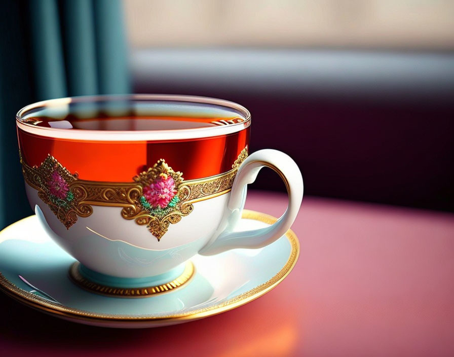 Porcelain tea cup with gold detailing and pink floral design on matching saucer in sunlight