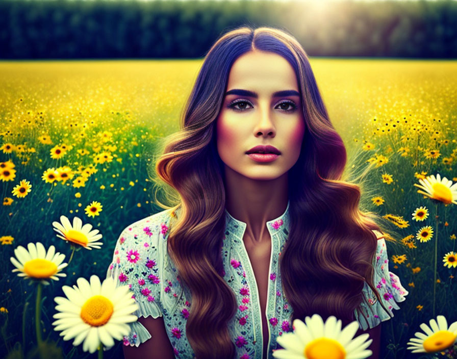 Woman with long hair surrounded by daisies at sunset