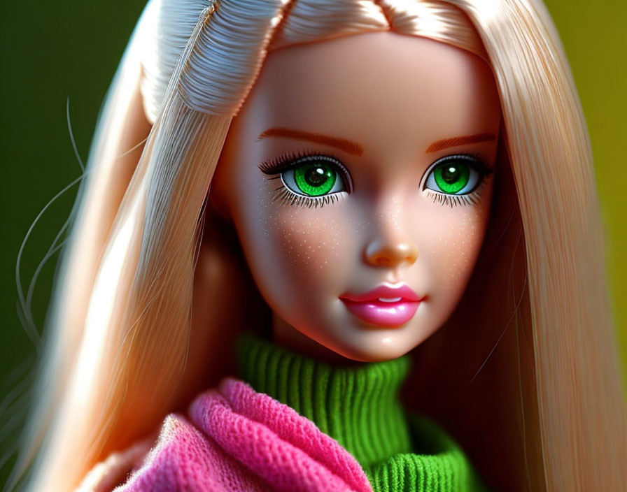 Blonde Doll with Green Eyes, Freckles, Green Turtleneck, Pink Scarf