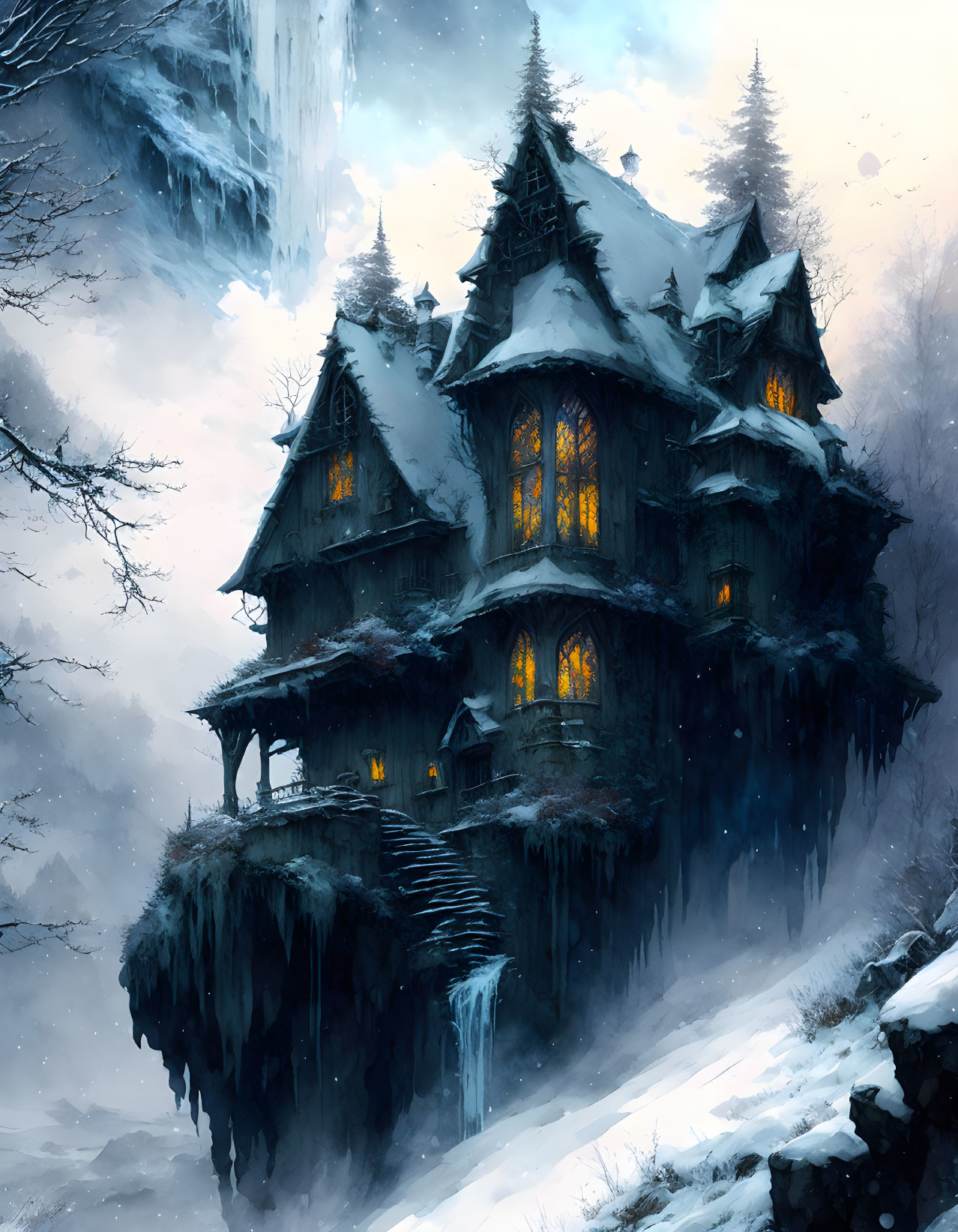 Snowy Cliffside Scene: Multi-Tiered Mansion & Bare Trees