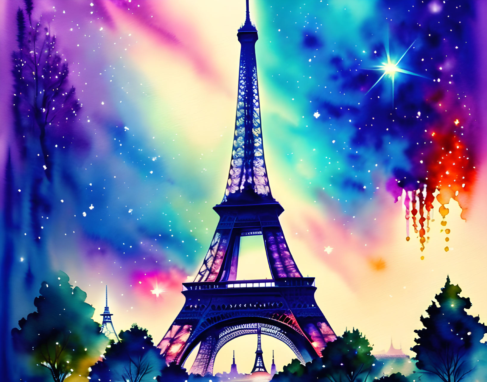 Vibrant Eiffel Tower Art with Galaxy Background & Tree Silhouettes