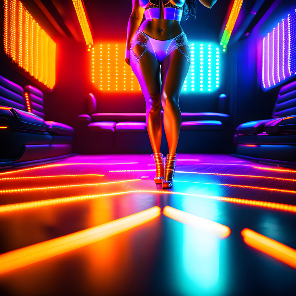 Sparkling high-heeled shoes and two-piece ensemble in neon-lit club.