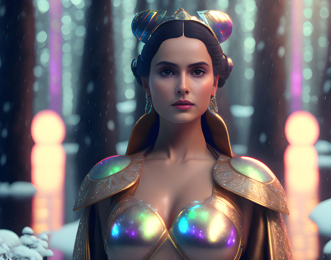 Digital sci-fi artwork: Woman in glowing costume with snowy backdrop