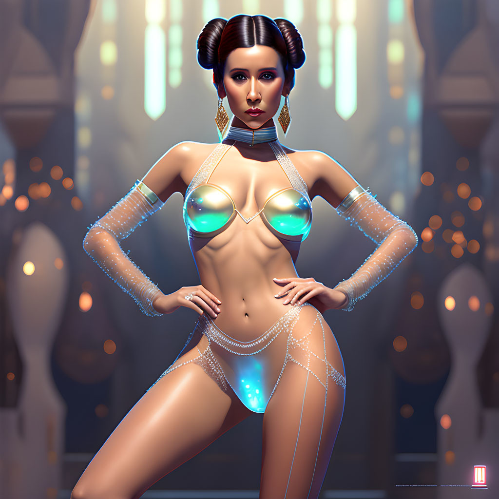 Futuristic sci-fi female character with glowing accents and elaborate hairdo