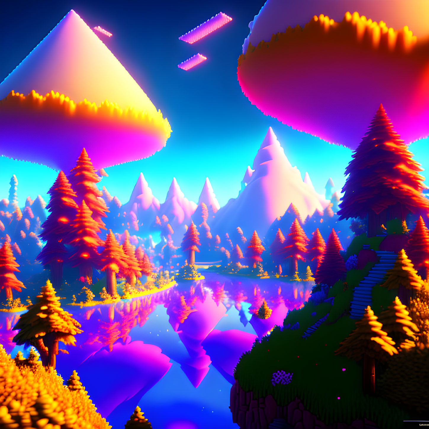 Colorful 3D landscape: neon pine trees, reflective lake, mountains, sunset sky, geomet