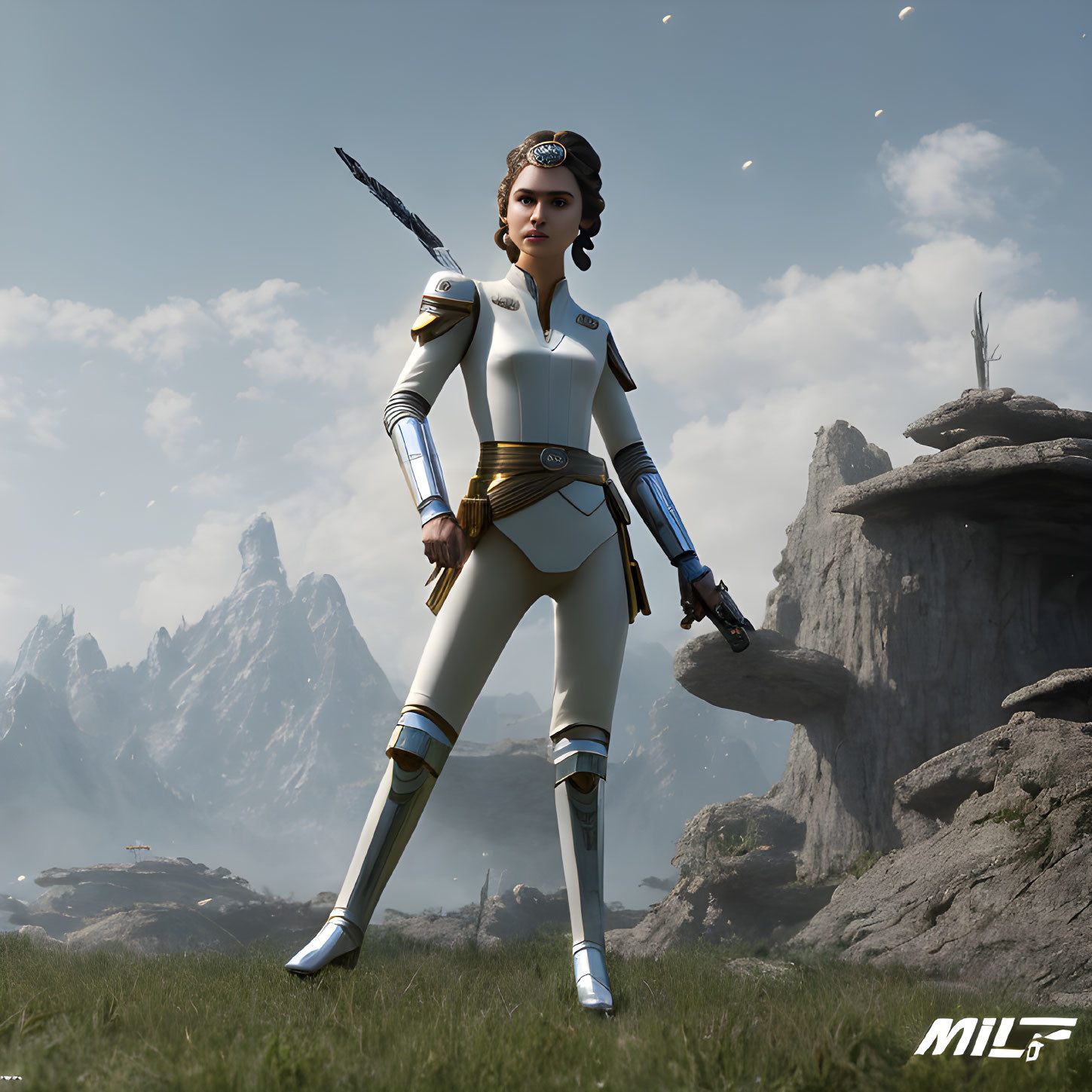 Futuristic female character in white suit on rocky terrain with mountains