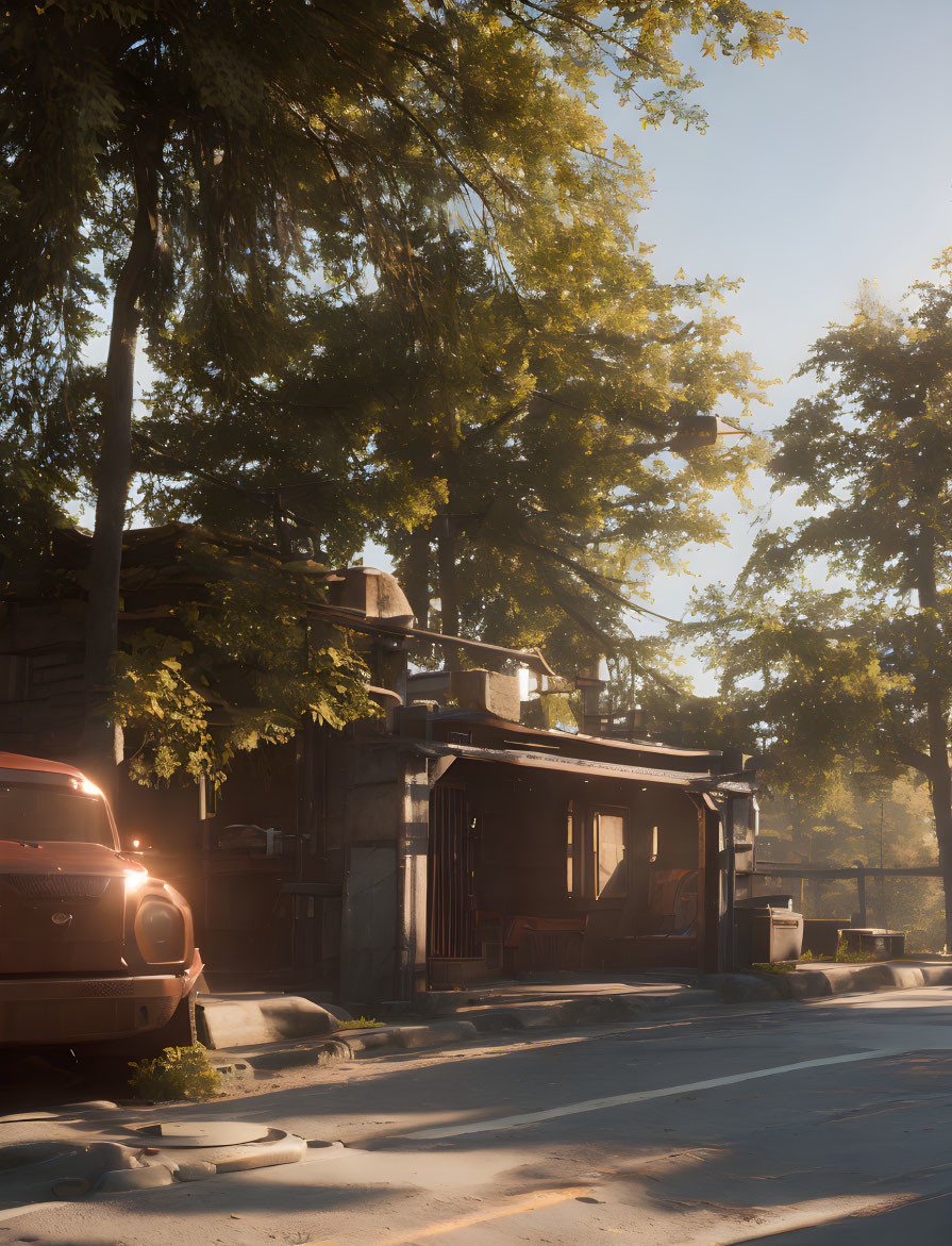 Sunlit Trees and Vintage Van by Old Rustic Building