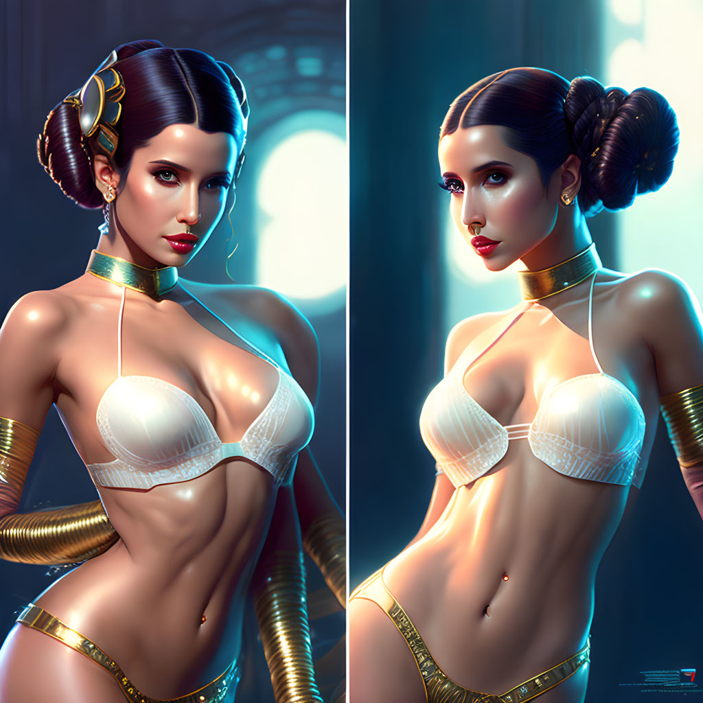 Sci-fi digital art of woman in white attire with gold accents