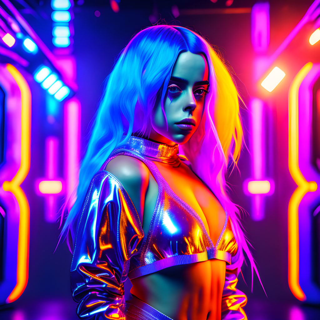 Glowing blue makeup woman in metallic outfit with neon lights