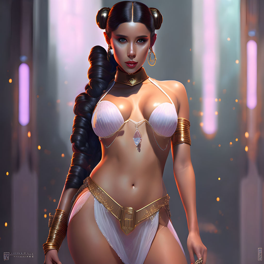 Stylized female character in white and gold costume with sci-fi elements against futuristic cityscape