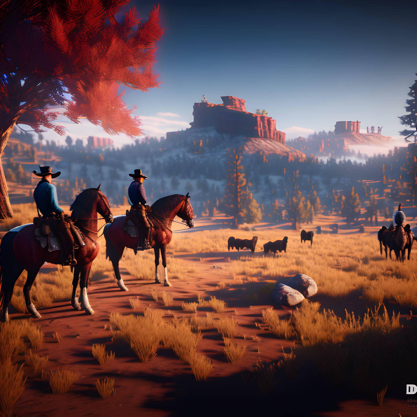 Cowboys on horses with cattle in sunlit prairie and mesas