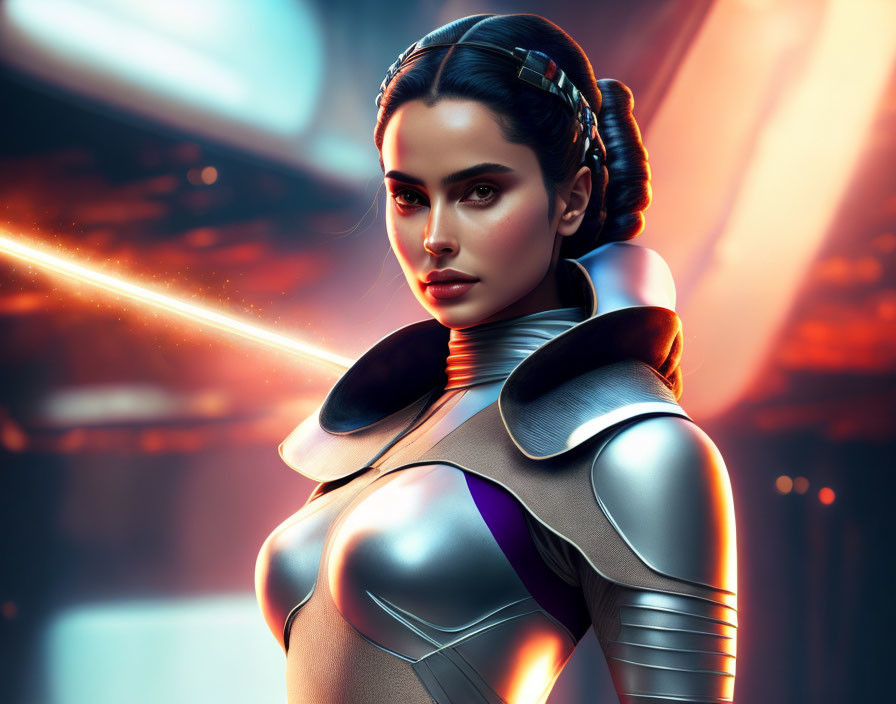 Futuristic digital art: female character in sleek armor with braided hair in neon-lit setting