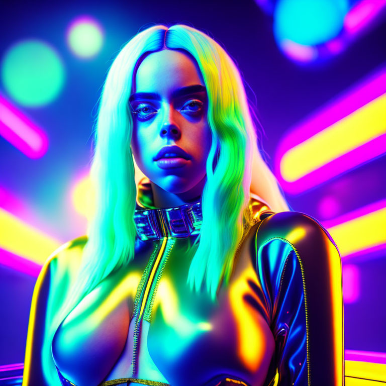 Striking woman in futuristic outfit under vibrant neon lights