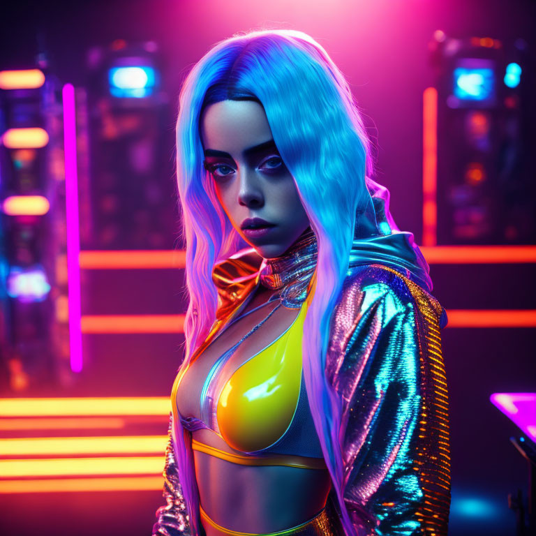 Vibrant Blue-Haired Woman in Colorful Futuristic Outfit under Neon Lights