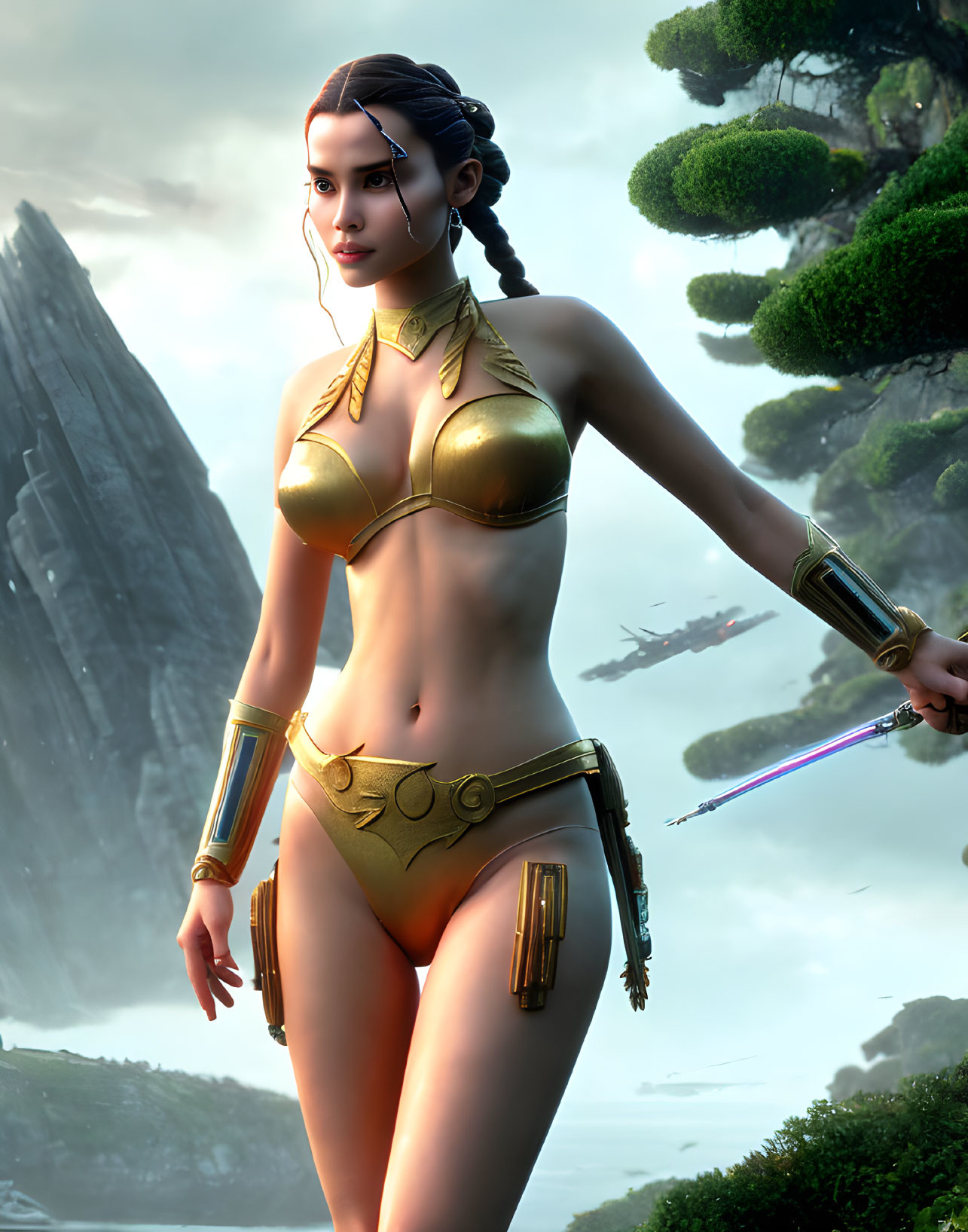 Female Warrior in Golden Armor 3D Rendering on Fantastical Landscape