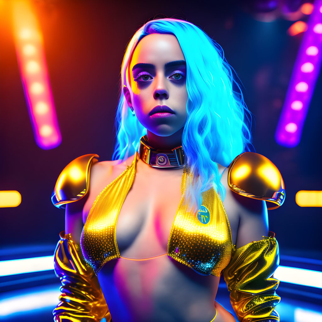 Blue-haired woman in futuristic attire against neon-lit club background