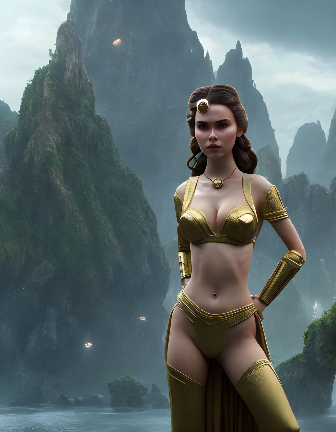 Woman in golden sci-fi outfit in misty mountainous landscape.