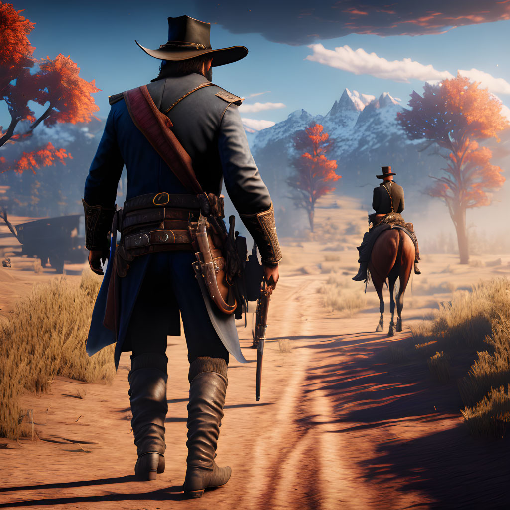 Cowboy with rifle walking on dirt path with horse and rider, snowy mountains backdrop.