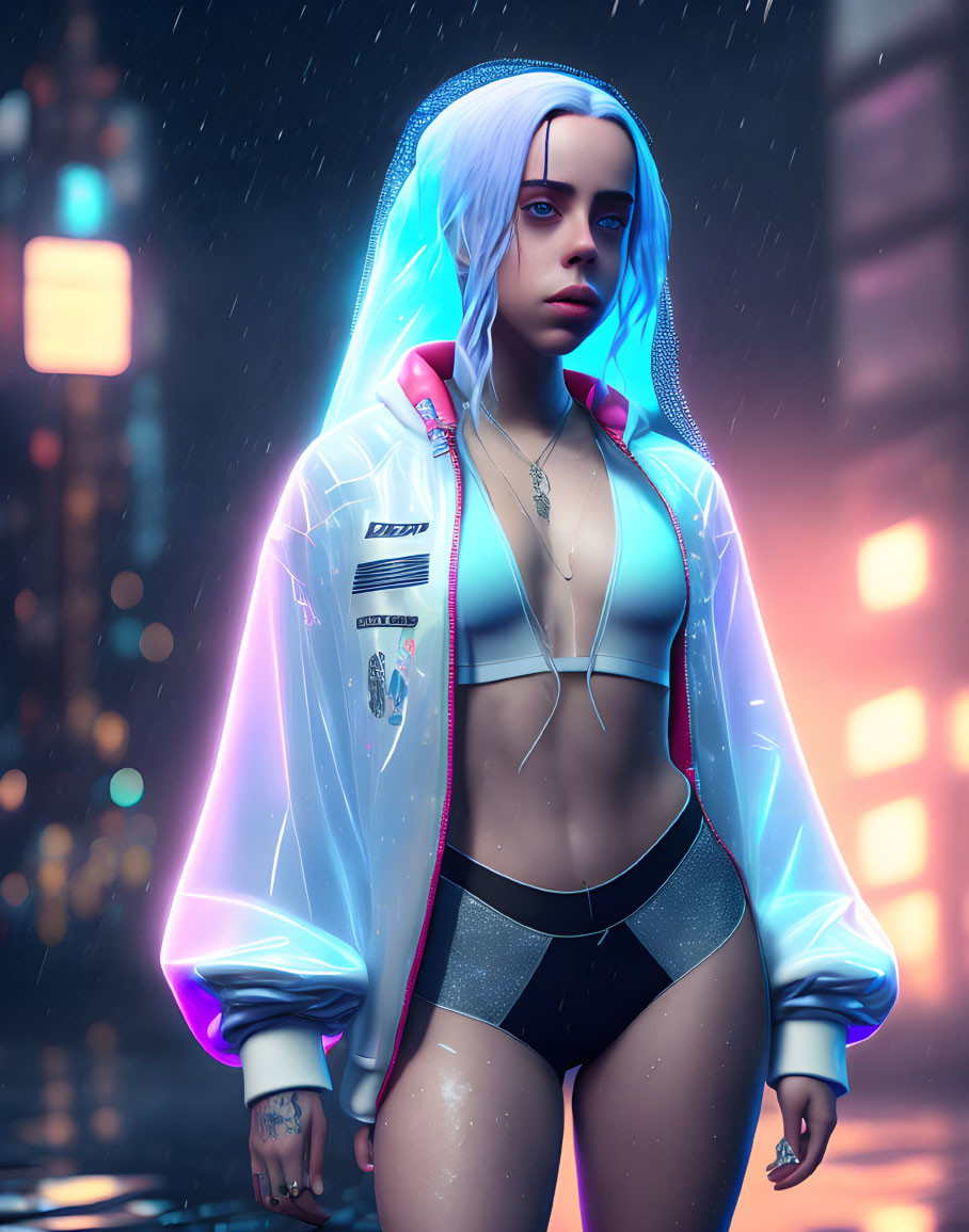 Digital artwork: Woman with white-blue hair in futuristic clothing against  neon-lit urban backdrop | Deep Dream Generator