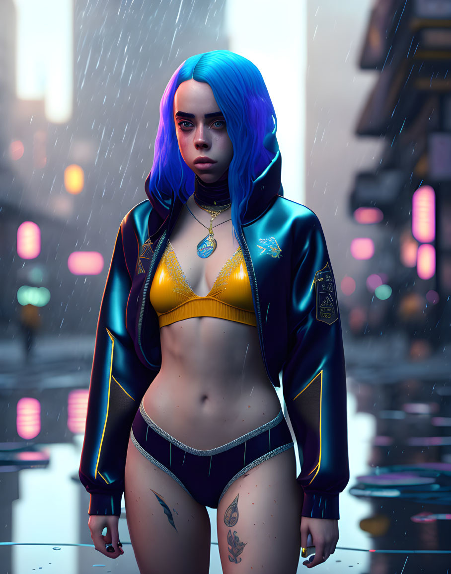 Digital artwork: Woman with blue hair, yellow sports bra, black jacket with neon trim, standing in