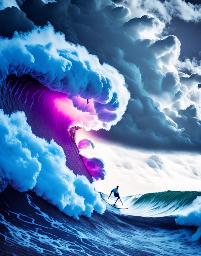 Surfer riding large wave under stormy sky with purple and blue hues