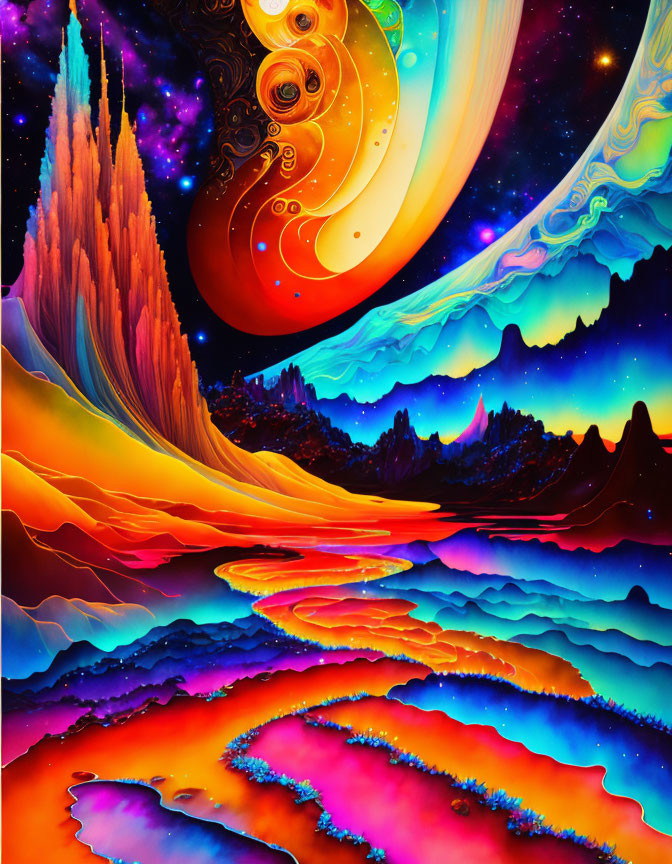 Surrealist landscape with fiery hues, river, rock formations, and celestial backdrop