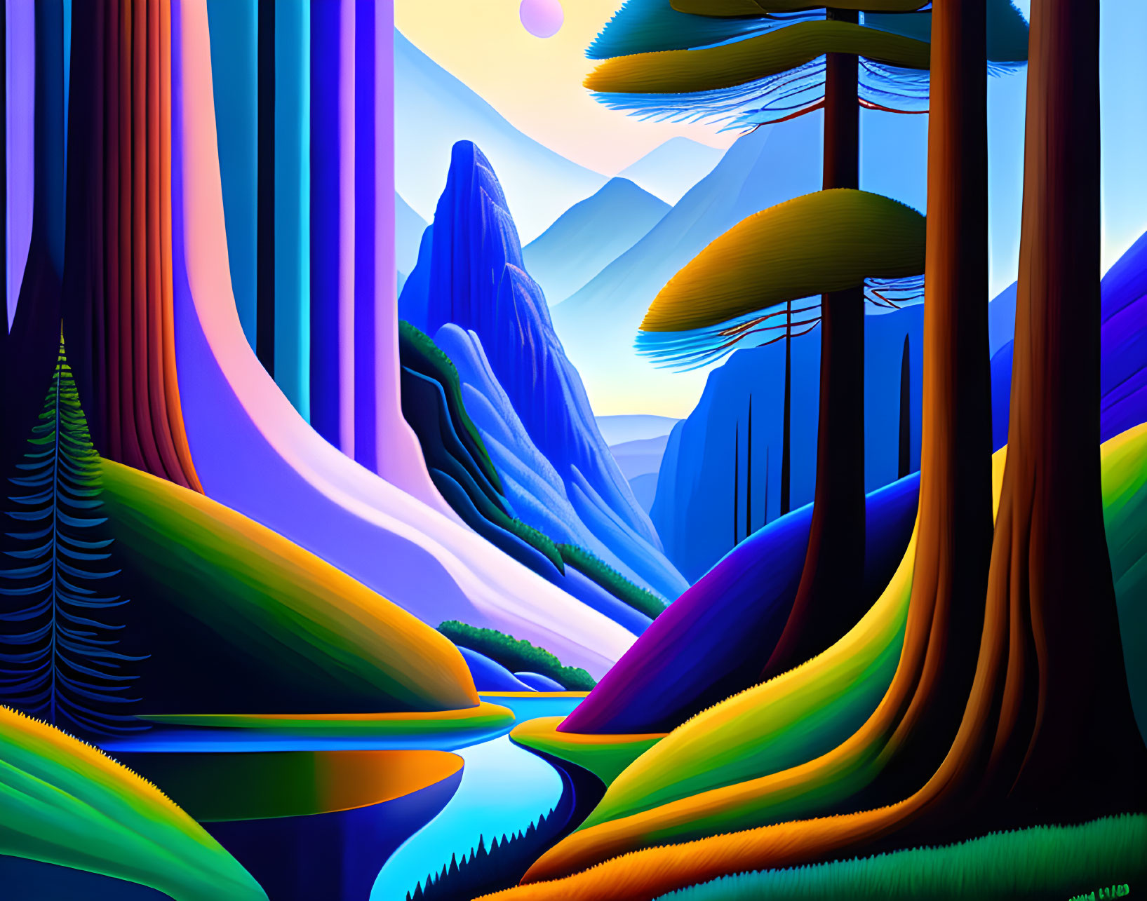 Colorful Landscape with River, Whimsical Trees, and Mountains