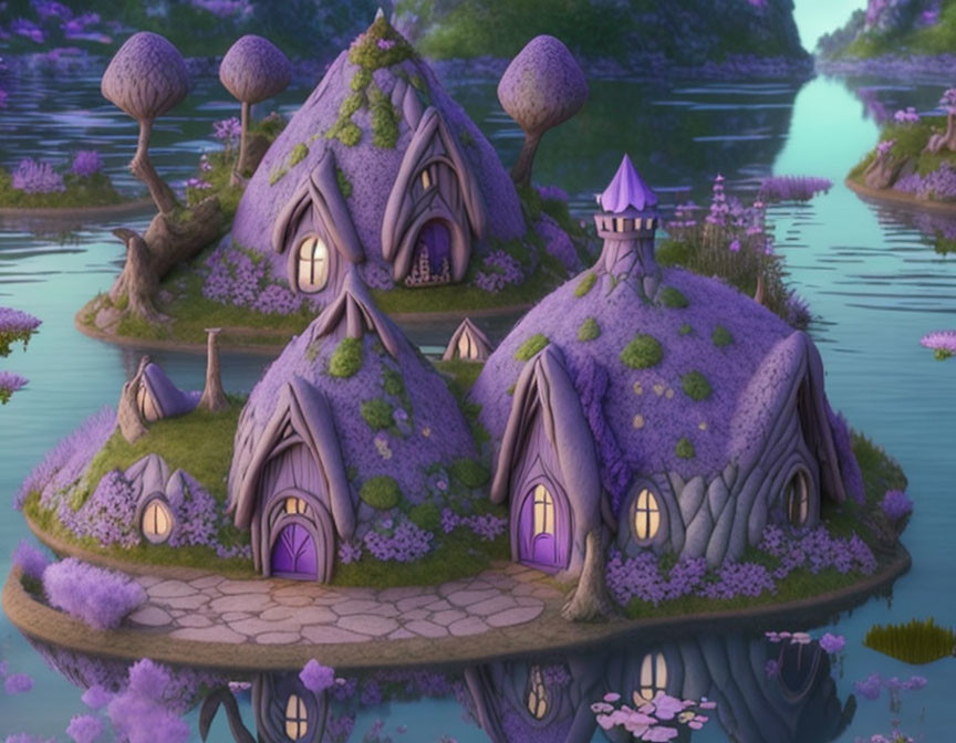 Whimsical Purple-Roofed Fantasy Village on Flower-Covered Island