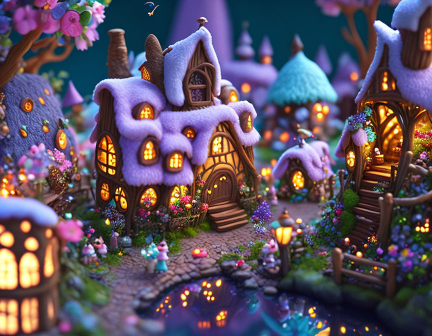 Whimsical fantasy village scene with snow-covered houses and vibrant flowers