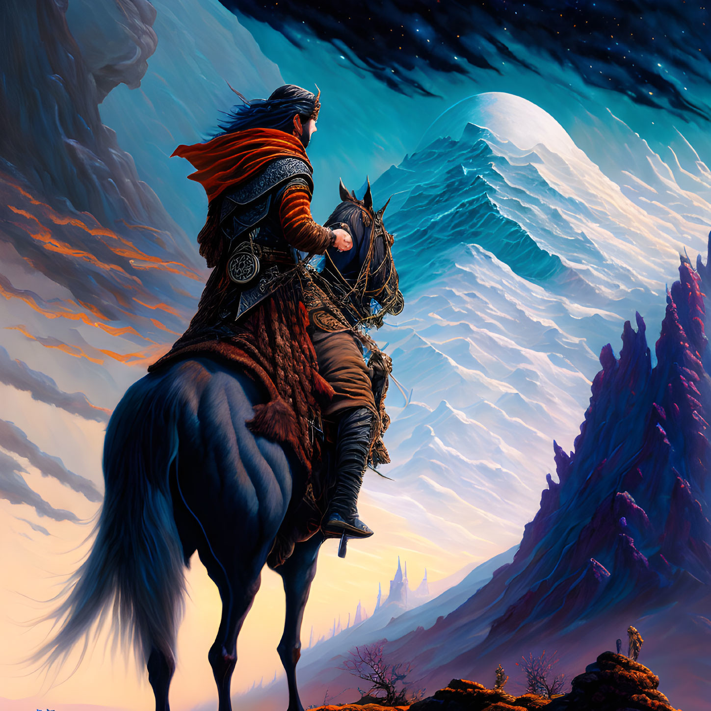 Warrior on Horseback in Mystical Landscape with Moonlit Sky