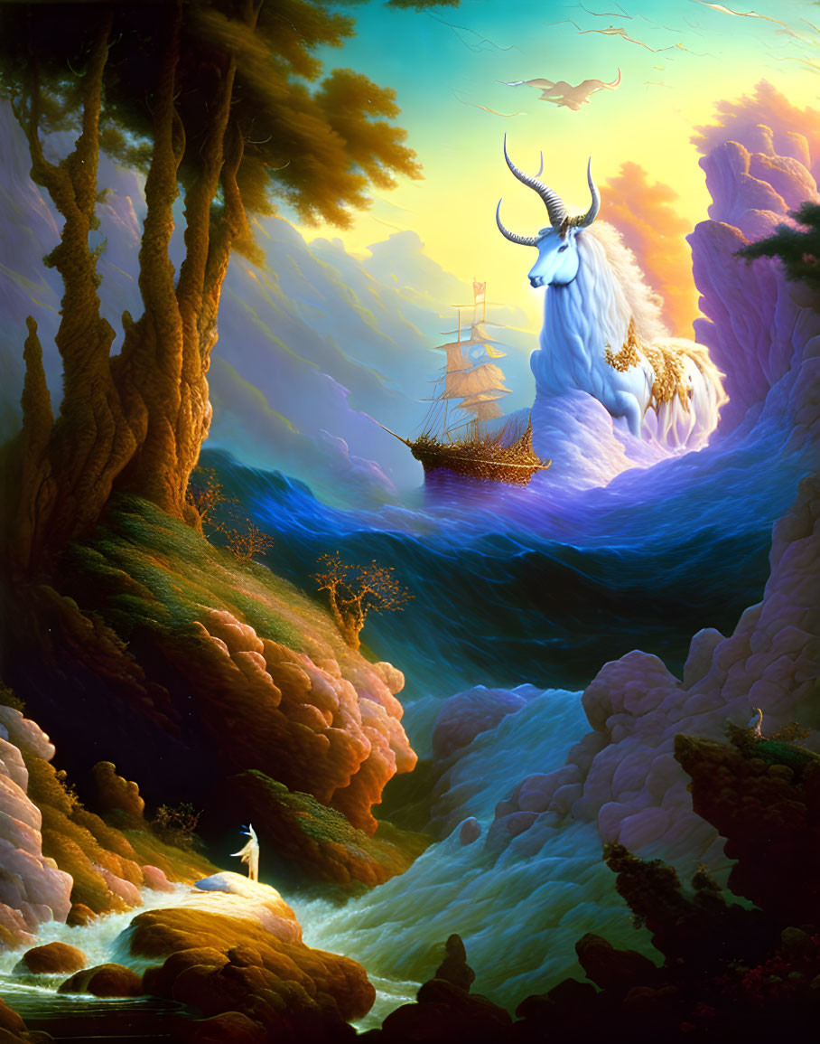 Surreal landscape with giant white goat, ship in sky, and cloaked figure by river