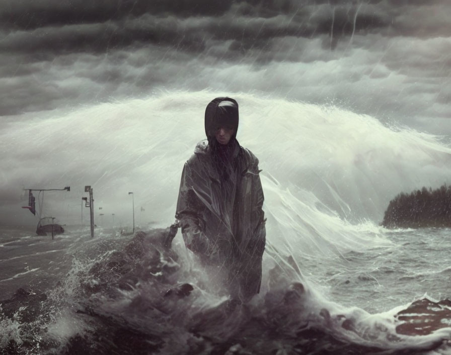 Person in Hooded Coat Standing Amidst Turbulent Waves and Stormy Sky