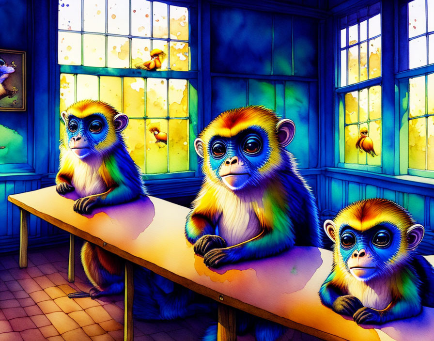 Colorful monkeys at table in whimsical room with butterflies and bluebird.