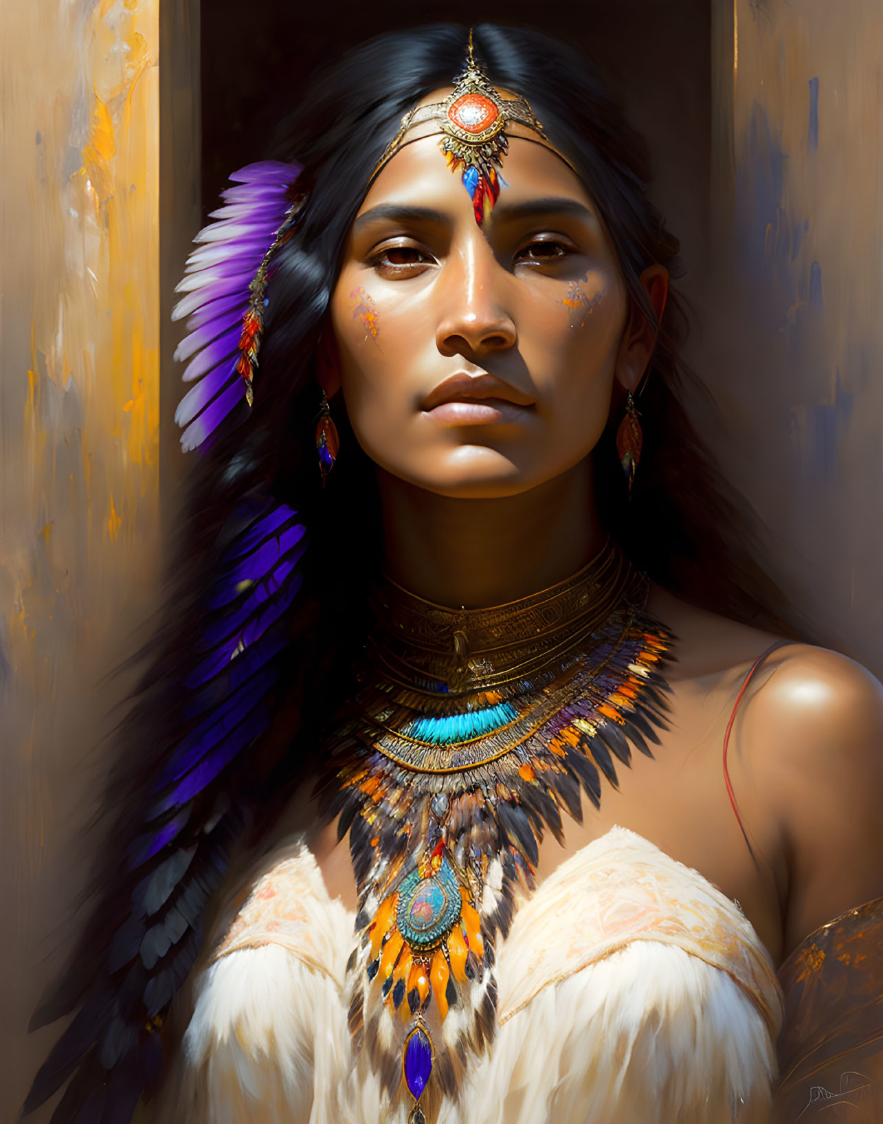 Indigenous woman portrait with vibrant feather headdress