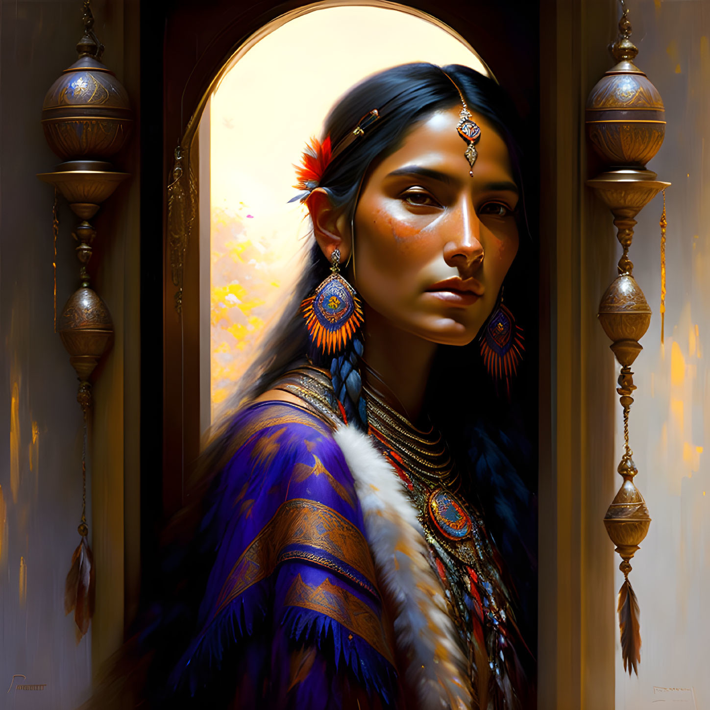 Indigenous woman portrait with feathered accessories and beadwork in front of ornate doorway