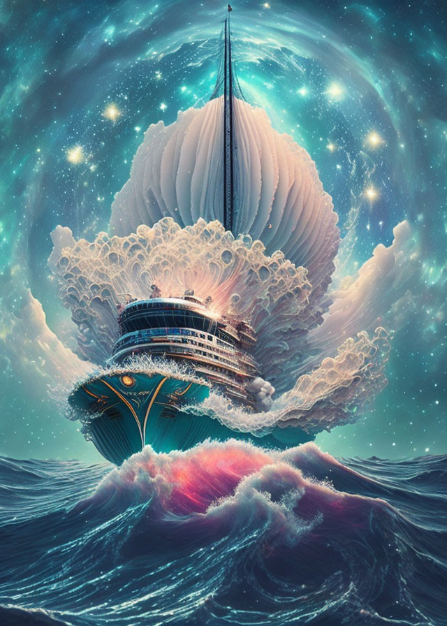 Surreal image: Ship with shell-like sails on cosmic sea