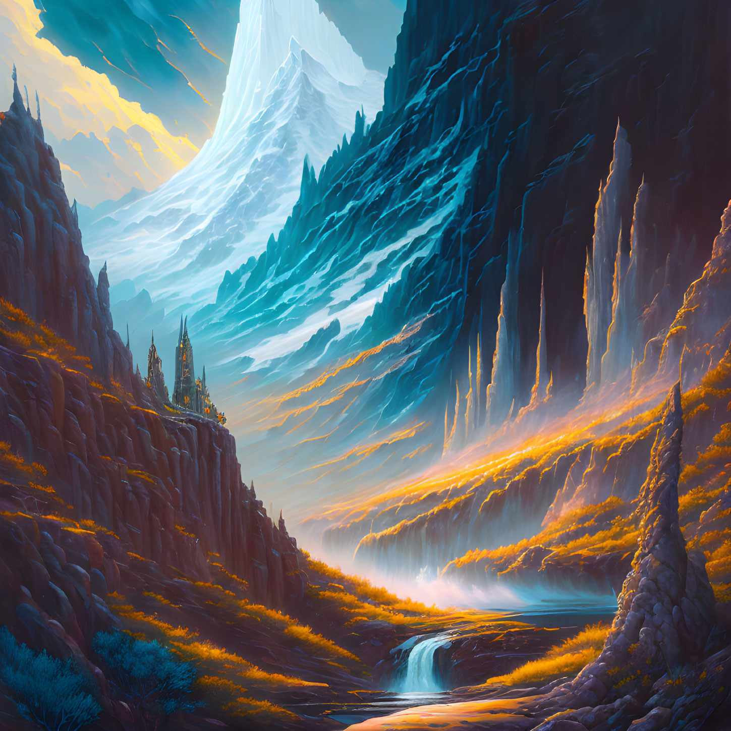 Ethereal fantasy landscape with glowing river and icy peaks