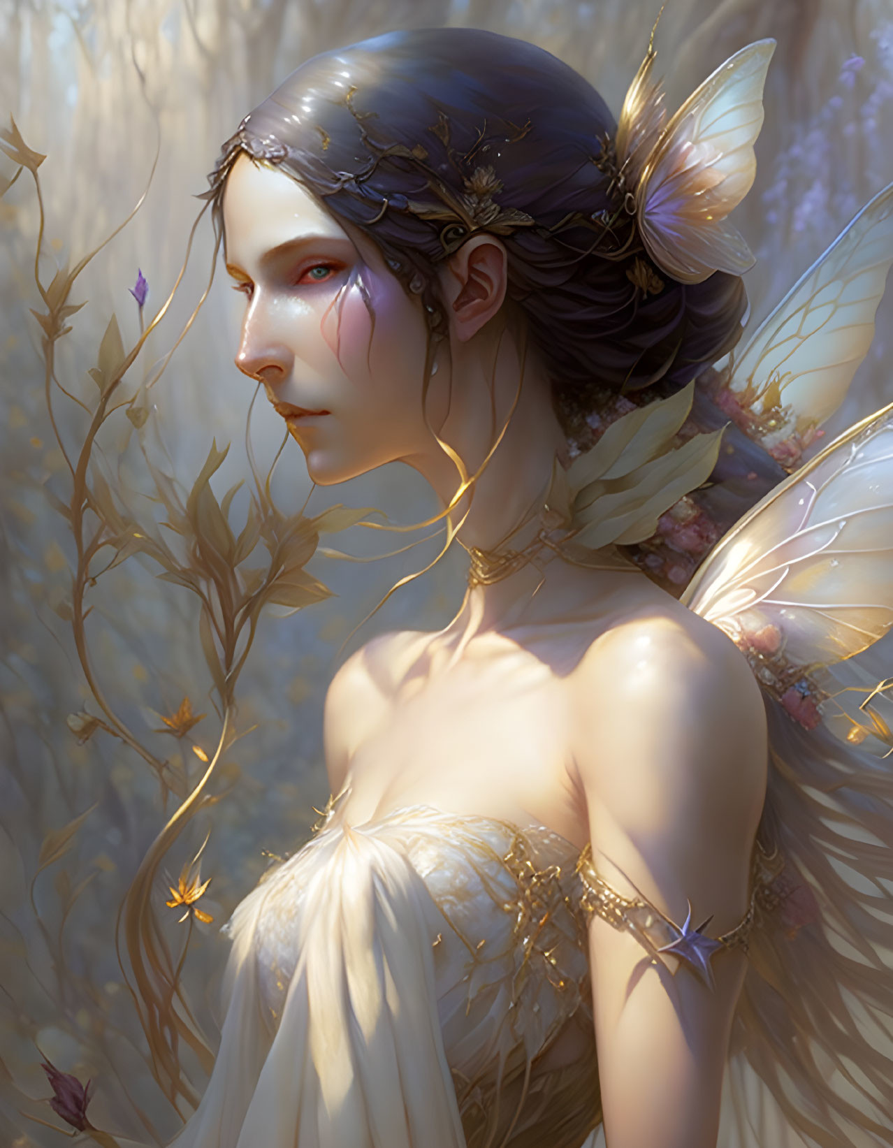 Translucent-winged fairy with golden hairpiece in dreamy floral setting