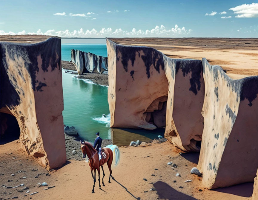 Equestrian observing geological formation with cliffs and water channel