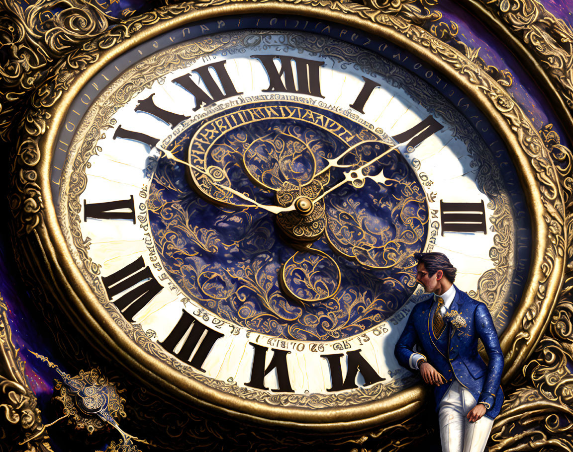 Golden Clock with Roman Numerals and Blue Jacket Man Observing Time