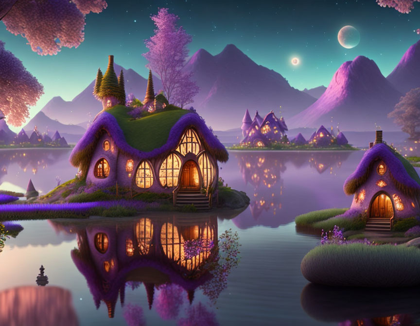 Twilight fantasy landscape with whimsical houses, glowing windows, purple flora, serene lake, mountains,