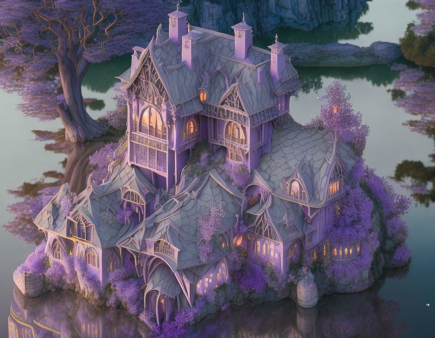 Victorian-style mansion in purple tree island twilight