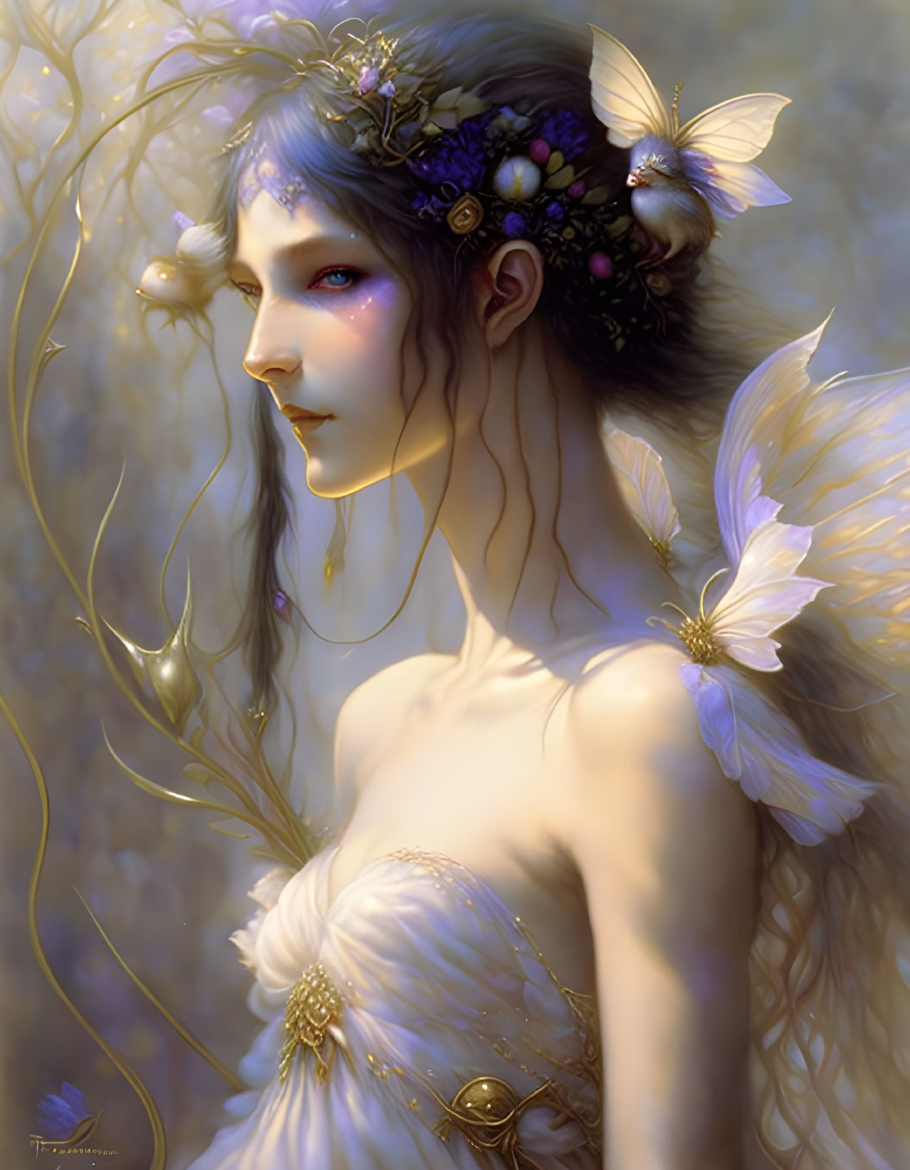 Ethereal fantasy artwork of fair-skinned female with flowing hair and floral adornments