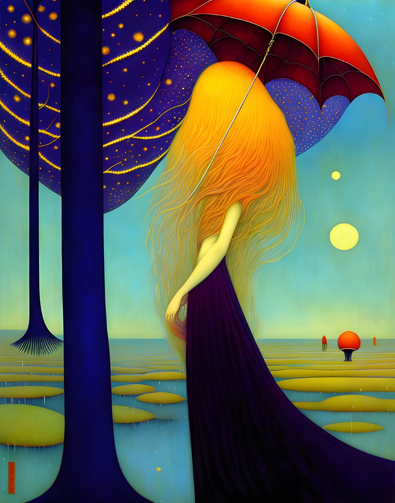 Surreal artwork of figure with long hair under starry tree